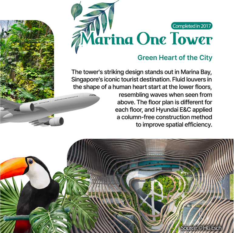 Marina One Tower / Completed 2017 Green Heart of the City The towers striking design stands out in Marina Bay, Singapores iconic tourist destination. Fluid louvers in the shape of a human heart start at the lower floors, resembling waves when seen from above. The floor plan is different for each floor, and Hyundai E&C applied a column-free construction method to improve spatial efficiency.